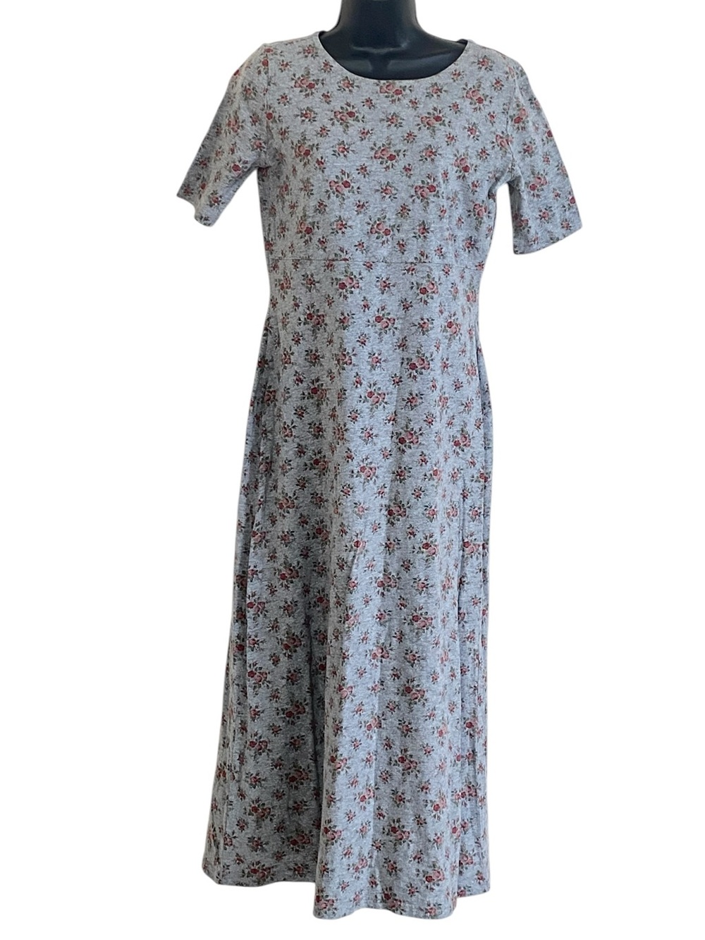 Laura Ashley Country Vtg Y2K Heather Gray Floral Cotton Knit Maxi Dress Sz S
